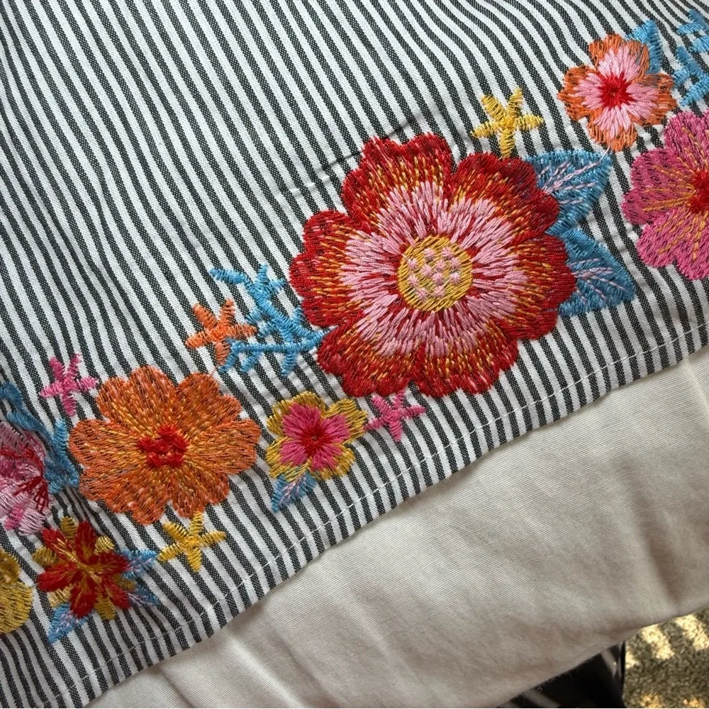 Savanna Jane Dress Large Floral Embroidered Striped Blue Ruffle Shift Travel - Picture 7 of 11